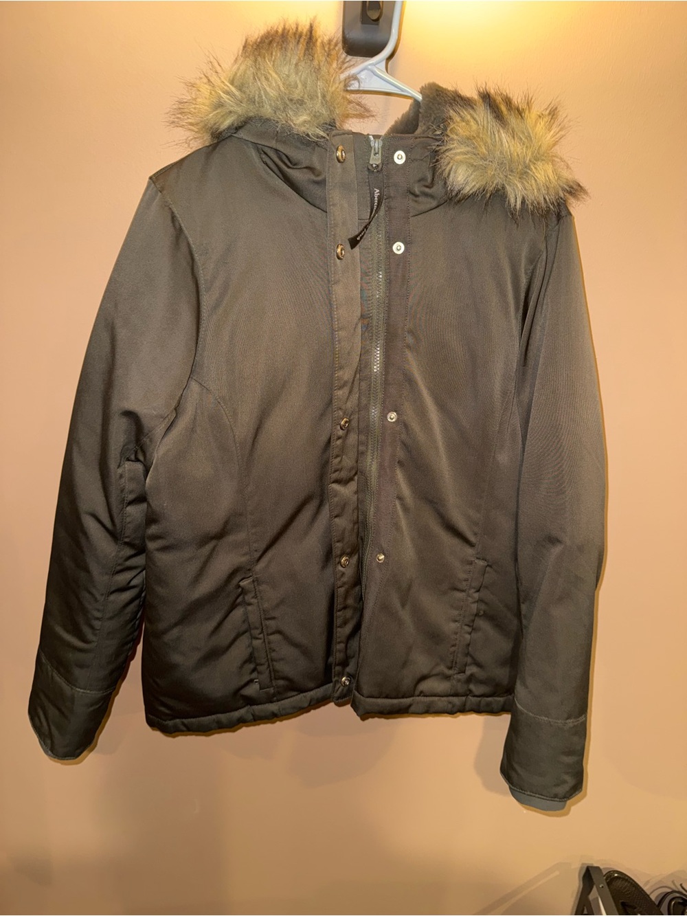 Abercrombie & Fitch Dark Brown Hooded Puffer Jacket with Faux Fur Trim